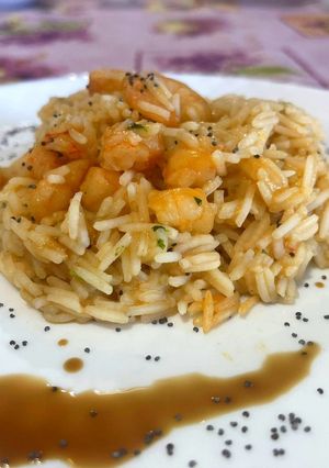 A picture of Risotto with Jumbo Shrimp, Soy Sauce, and Poppy Seeds.