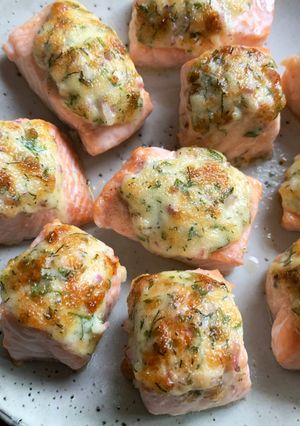 A picture of Baked Salmon with Dill & Parmesan Mayo Sauce.