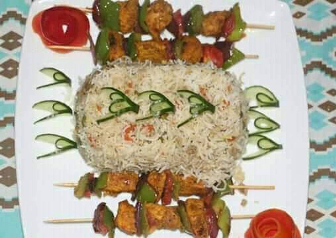 Egg fried rice with chicken shahlik sticks