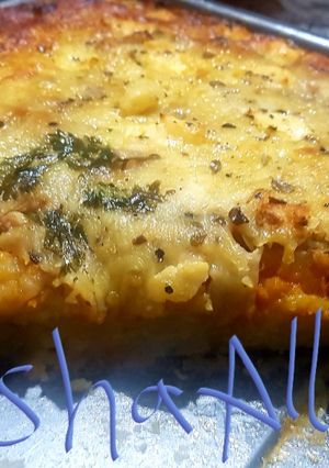 A picture of Curried cauliflower,cheese and potato bake.