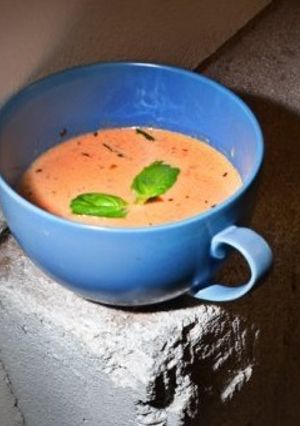 A picture of Rich & creamy Tomato Basil soup.