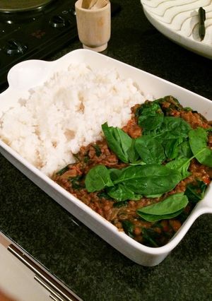 A picture of Coconut, lentil and spinach curry (Vegan).
