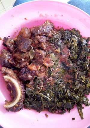 A picture of Beef stew and kales.