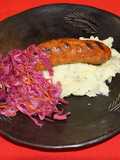 Homemade Southern-Style Longaniza with Garlic Mashed Potatoes and Red Cabbage Sauerkraut