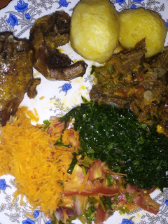 A picture of Fried potatoes, kuku and beef stew #weeklyjikonichallenge.