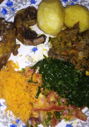 A picture of Fried potatoes, kuku and beef stew #weeklyjikonichallenge.
