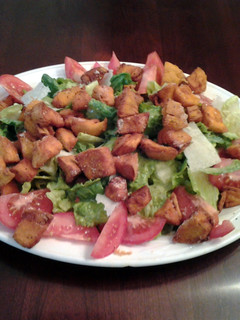 A picture of My Version Caesar Salad with Sweet Potato "croutons".