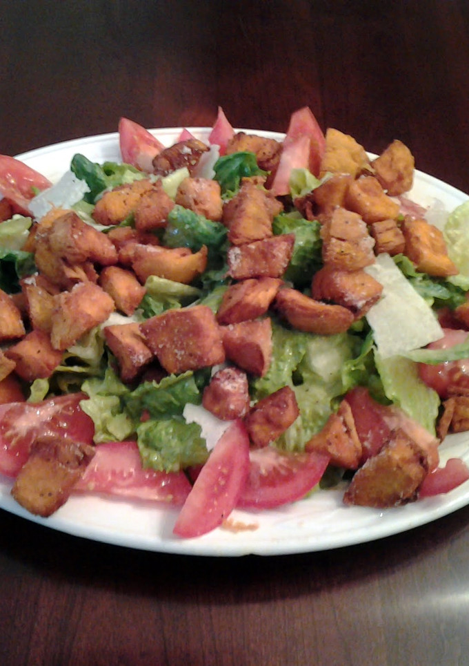 A picture of My Version Caesar Salad with Sweet Potato "croutons".
