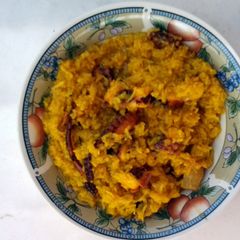 A picture of Octopus with saffron rice.