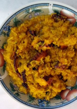 A picture of Octopus with saffron rice.