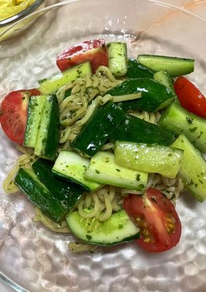 A picture of Chinese Noodles with Shiso Pesto-Style Sauce.
