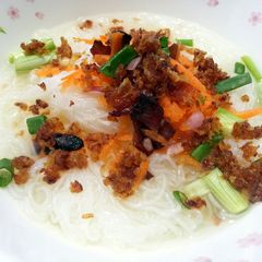 Cellophane (Tang Hoon) Noodle Soup Top Pan Fried Dried Shrimp And Chinese Sausage A picture of Cellophane (Tang Hoon) Noodle Soup Top Pan Fried Dried Shrimp And Chinese Sausage.