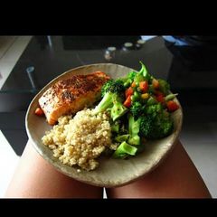 A picture of Salmon with rice.