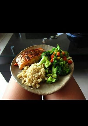 A picture of Salmon with rice.