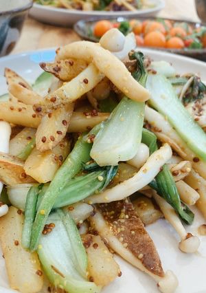A picture of Potato, mushroom and bok-choy sauté with mustard sauce.