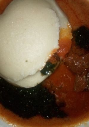 A picture of Semo+gbegiri(beans soup)+ewedu+stew😋.