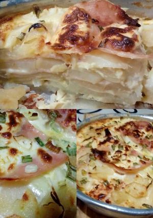 Una foto de Tarta de papa con cebolla, jamón cocido y queso