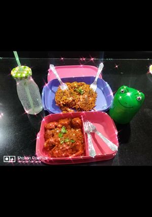 A picture of Veg Manchurian and chow mein.