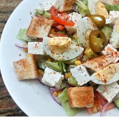 A picture of Breakfast Salad, Greek one with boiled eggs.