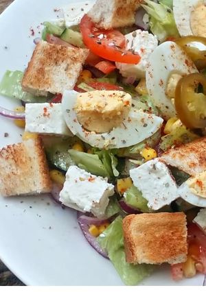 A picture of Breakfast Salad, Greek one with boiled eggs.