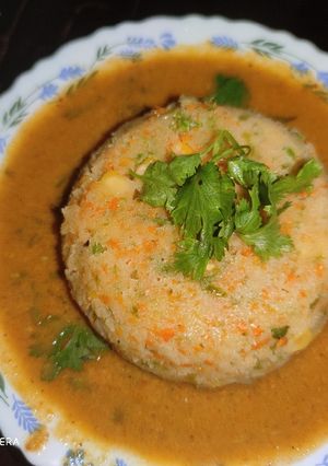 A picture of Plate Vegetables Idli and Rasam Chutney 😋.
