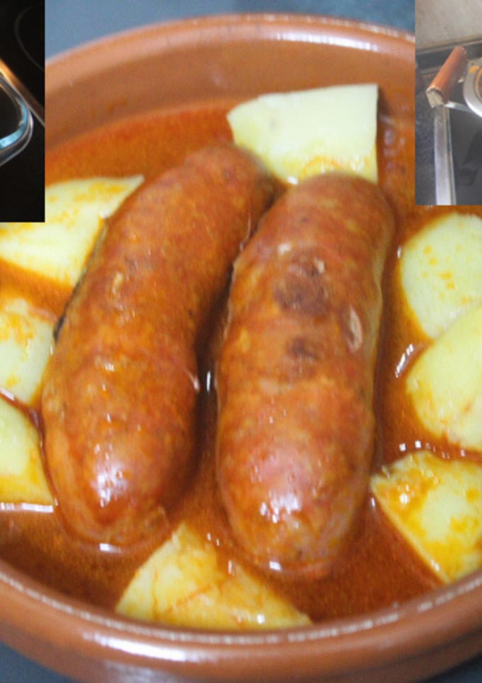 Una foto de Chorizos al cava con patatas al microondas