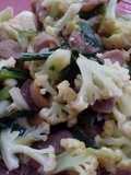 Stir fry cauliflower saussages and quail eggs