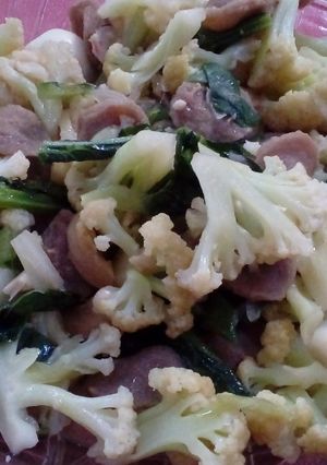 A picture of Stir fry cauliflower saussages and quail eggs.