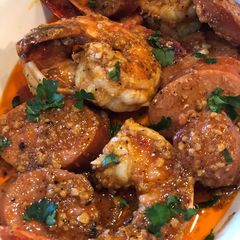 A picture of Cajun shrimp and sausage.