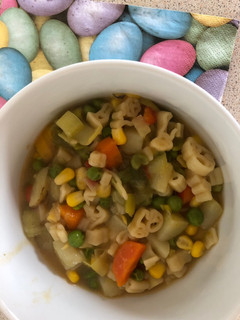 A picture of Vegetable stew with Animal Pasta.