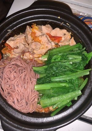 Hình của món Eat clean [d3]: Bún lứt + thịt xào cà chua.