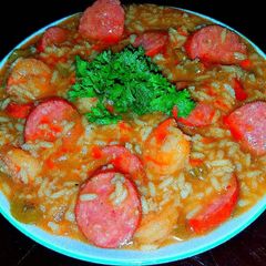A picture of Mike's EZ Shrimp & Spicy Andouille Sausage Gumbo.