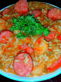 A picture of Mike's EZ Shrimp & Spicy Andouille Sausage Gumbo.