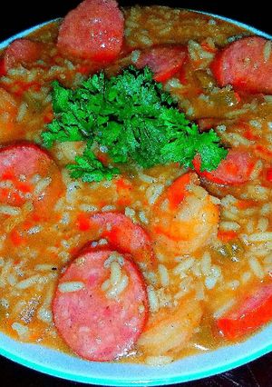 A picture of Mike's EZ Shrimp & Spicy Andouille Sausage Gumbo.