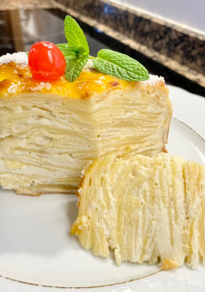 Una foto de Tarta con queso mascarpone y manzanas laminadas