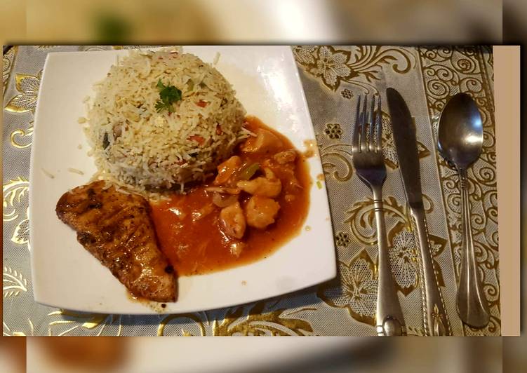 Egg fries rice with chicken shashlik and grilled chicken