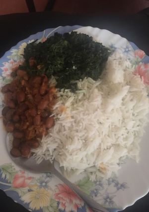A picture of Rice, beans and creamed spinach.