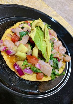 A picture of Shrimp Ceviche Tostadas.