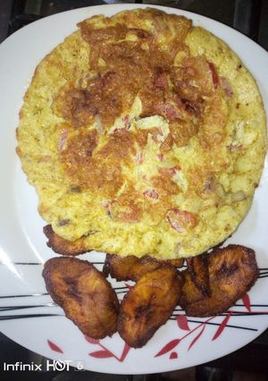 A picture of Plantain chips with fried egg.