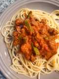 Pasta con espárragos y carne