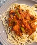 Pasta con espárragos y carne