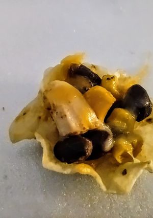 A picture of Black bean, corn and chicken nachos.