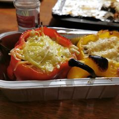 A picture of Vegan stuffed peppers and mushrooms.