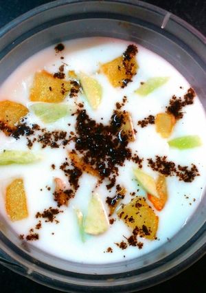 A picture of Cucumber and fried potato raita.
