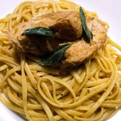 A picture of Brown butter and sage linguine with chicken.