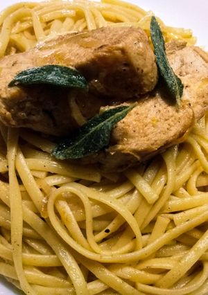 A picture of Brown butter and sage linguine with chicken.