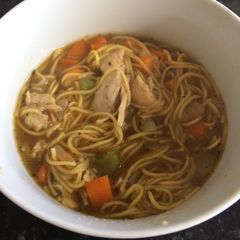 A picture of Full of flavour Chicken noodle soup 🍜.