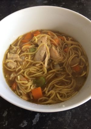 A picture of Full of flavour Chicken noodle soup 🍜.