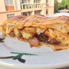 Savoury Potato And Onion Strudel With Leftover BBQ Sauce A picture of Savoury Potato And Onion Strudel With Leftover BBQ Sauce.