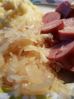 A picture of Sauerkraut and Smoked Sausage.